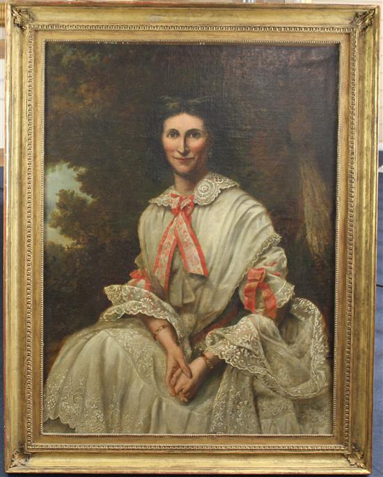 Victorian School Portrait of a lady wearing a lace trimmed white dress, 40 x 30in.